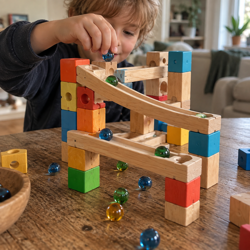 Houten knikkerbaan met losse onderdelen