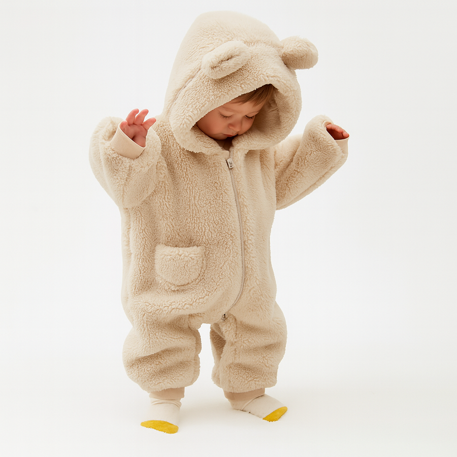 Baby Teddy Berenpak in beige, zacht fleece berenpakje baby