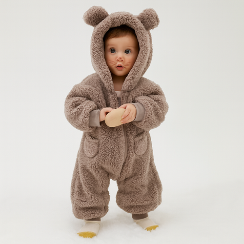 Baby teddy berenpak in bruin, warm fleece babypakje met capuchon en oortjes